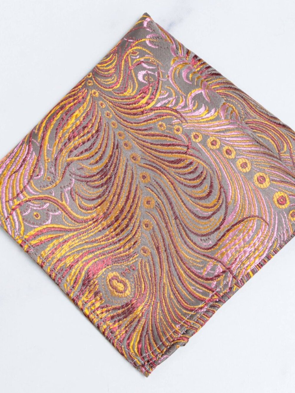 Peacock Feather Brocade Pocket Square | Gray & Pink